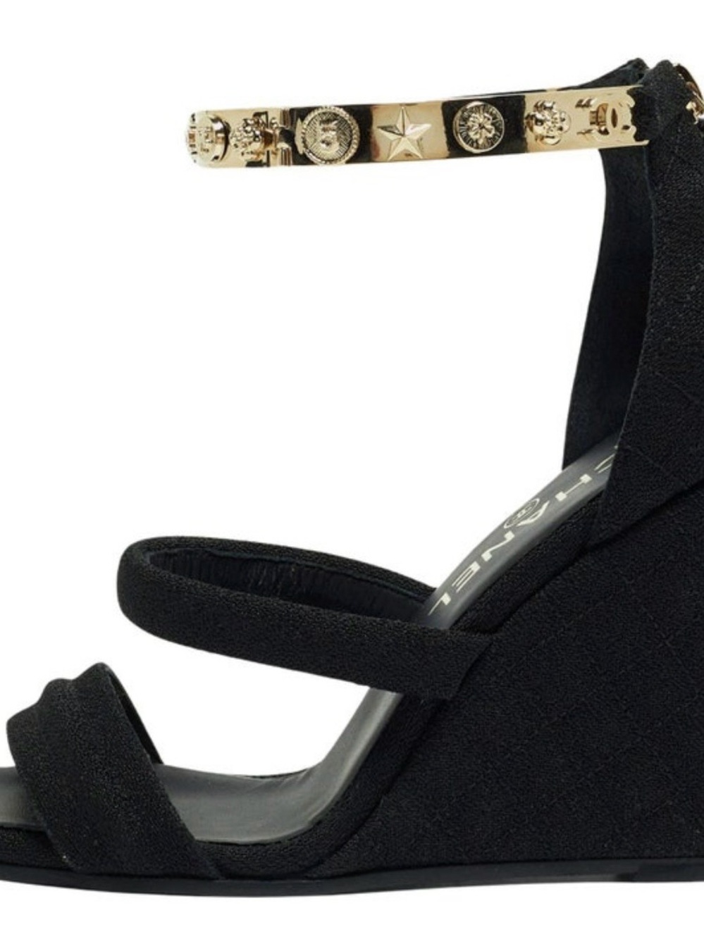 CHANEL Black Canvas Logo Lucky Charms Wedge Sandals - Picture 8 of 16